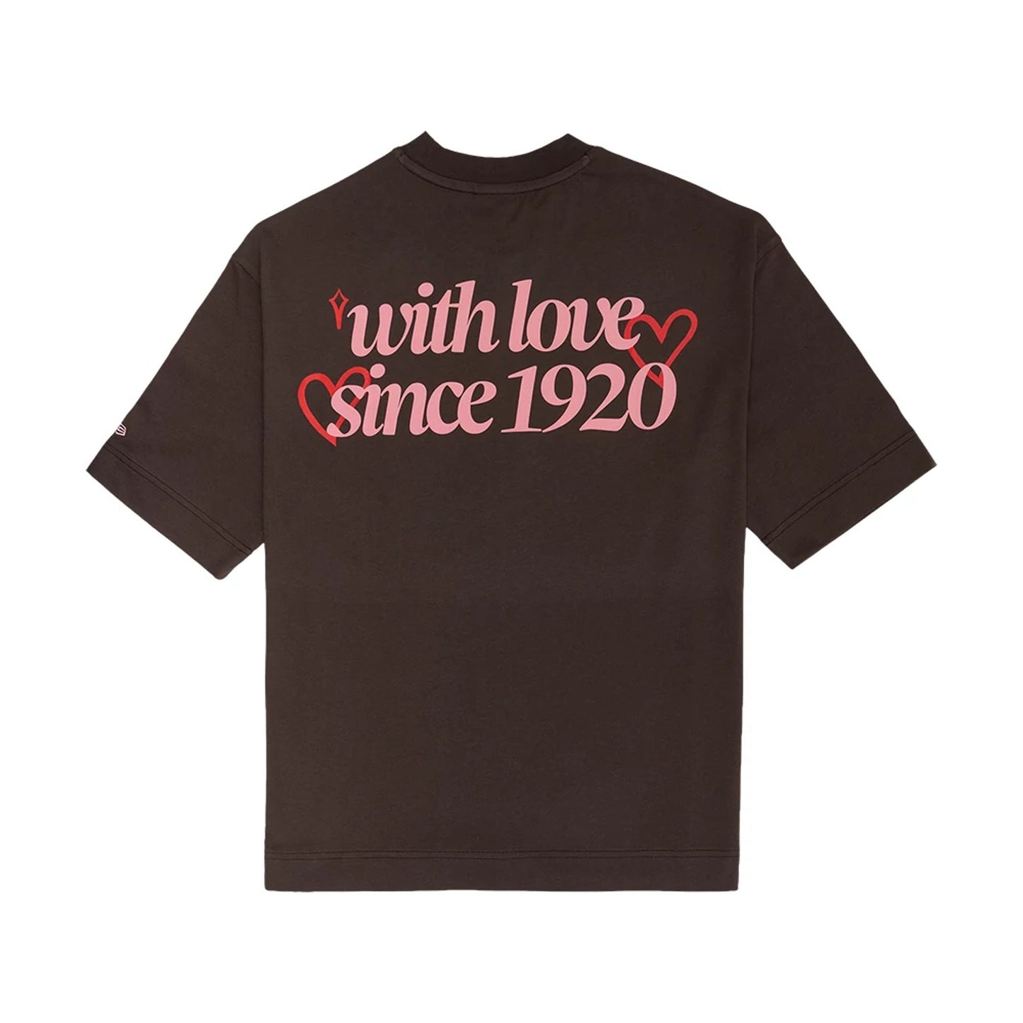 The model is wearing this New Era Love Graphic T-Shirt in dark brown. 2