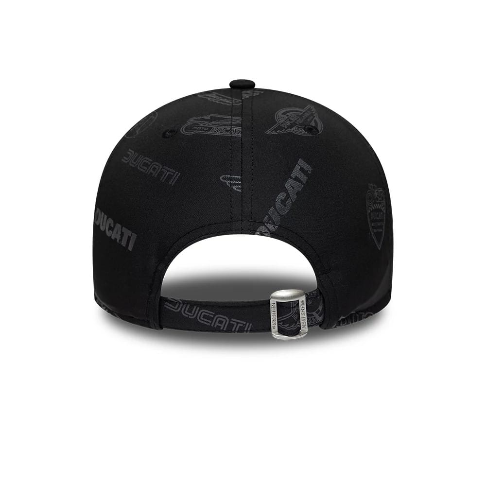 Ducati Motor Logo All Over Print Black New Era 9FORTY Adjustable Cap, rear view showing the all-over Ducati logo print and an open-back panel, with a silver strap buckle featuring small Ducati branding, on a structured black crown.