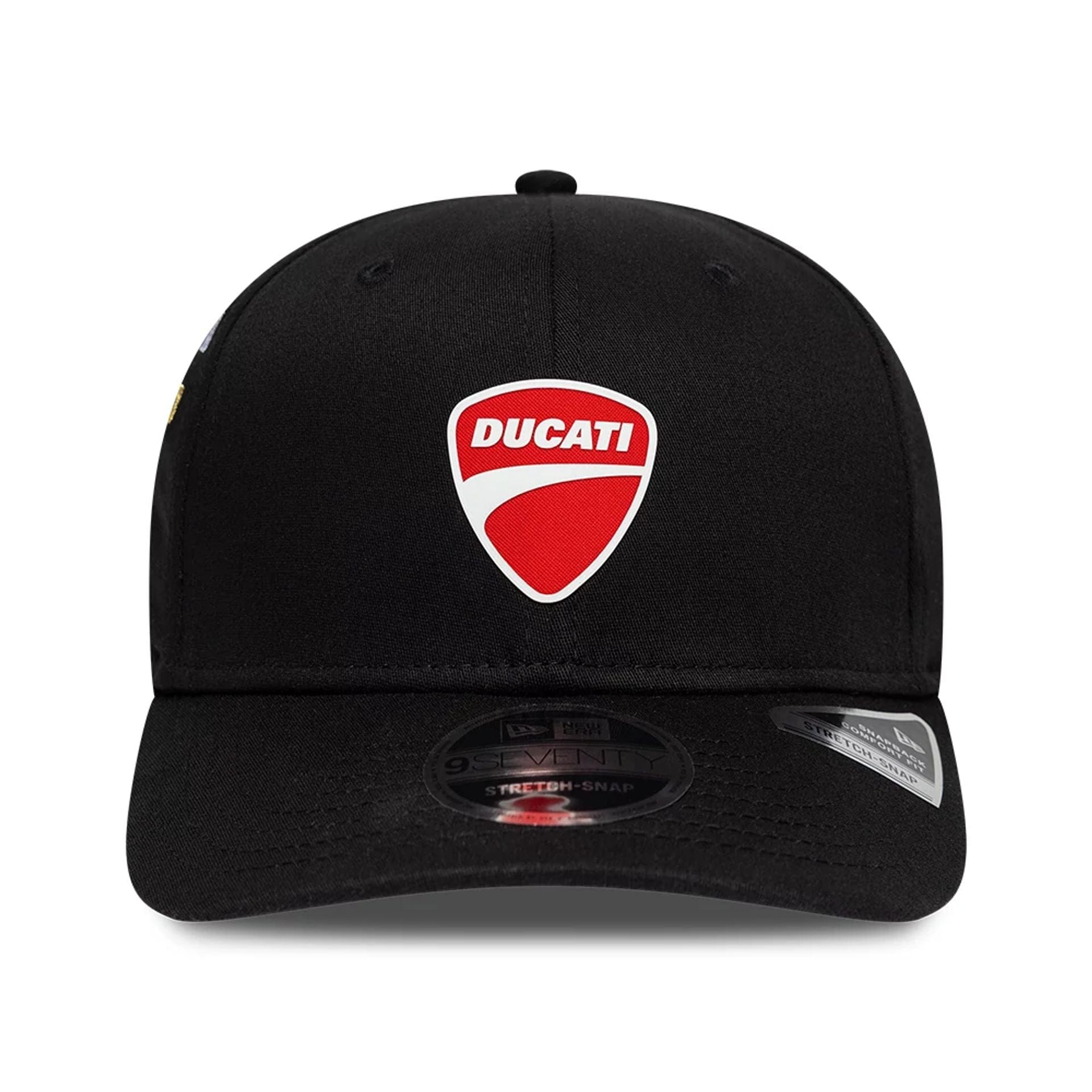 Pictured is this Ducati Motor Logo Patch 9SEVENTY Stretch Snap cap in black. 2