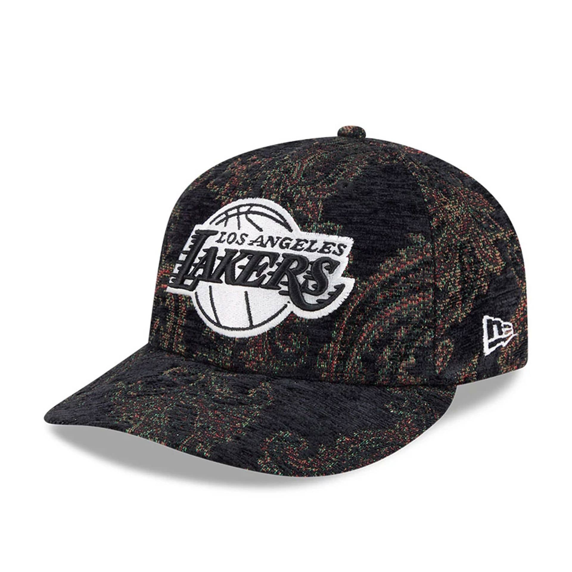Pictured is this NBA Jacquard Chenille LA Lakers 59FIFTY Fitted cap in black. 1