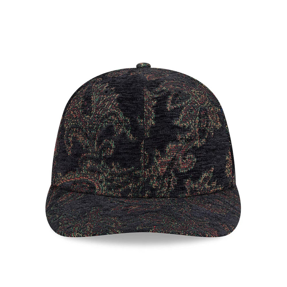 New Era Jacquard Chenille Black 59FIFTY Fitted Cap, front view showing a detailed multicoloured jacquard pattern across the structured crown and flat visor, complemented by a top button in matching fabric for a cohesive look.
