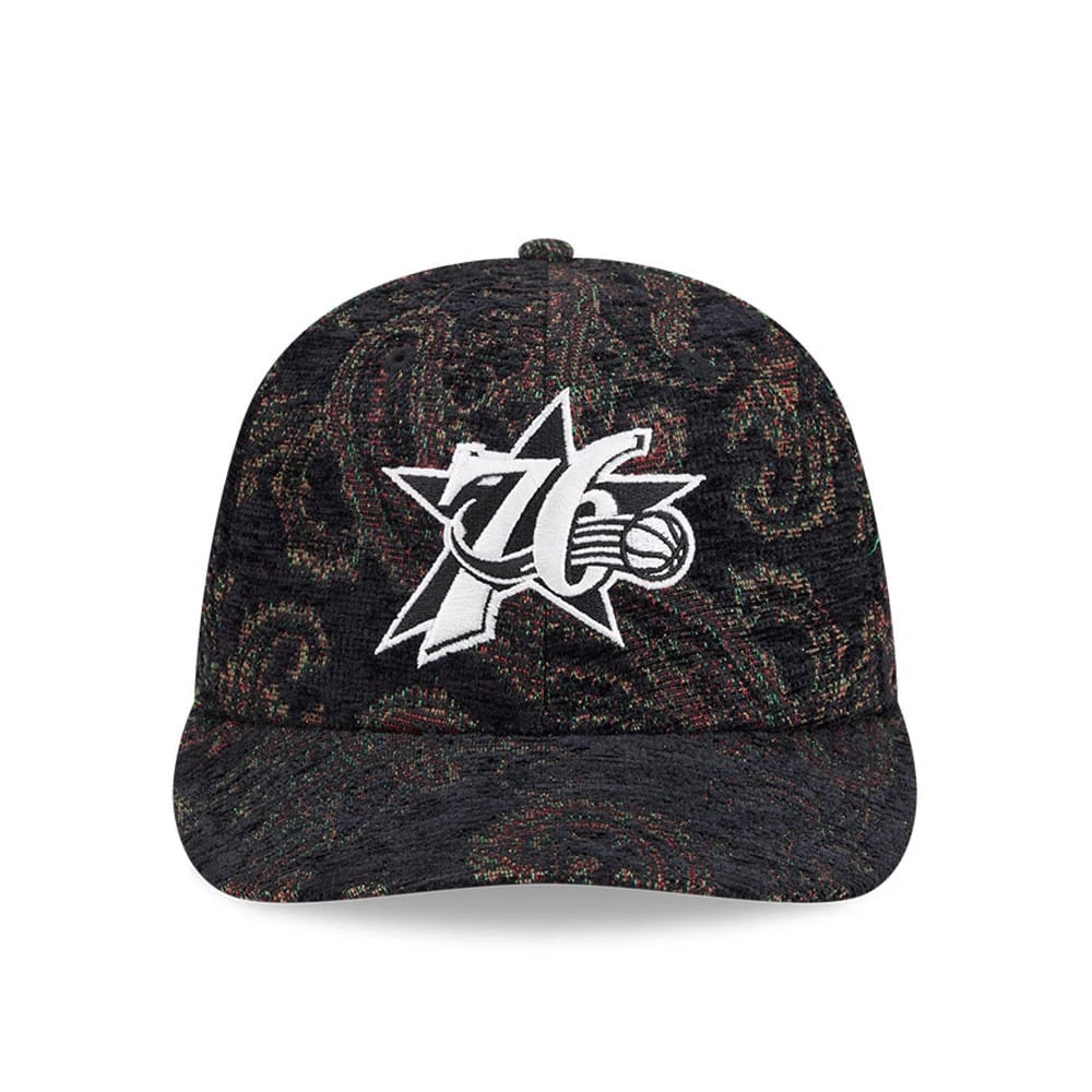 Pictured is this NBA Jacquard Chenille Philadelphia 76ers 59FIFTY Fitted cap in black. 3