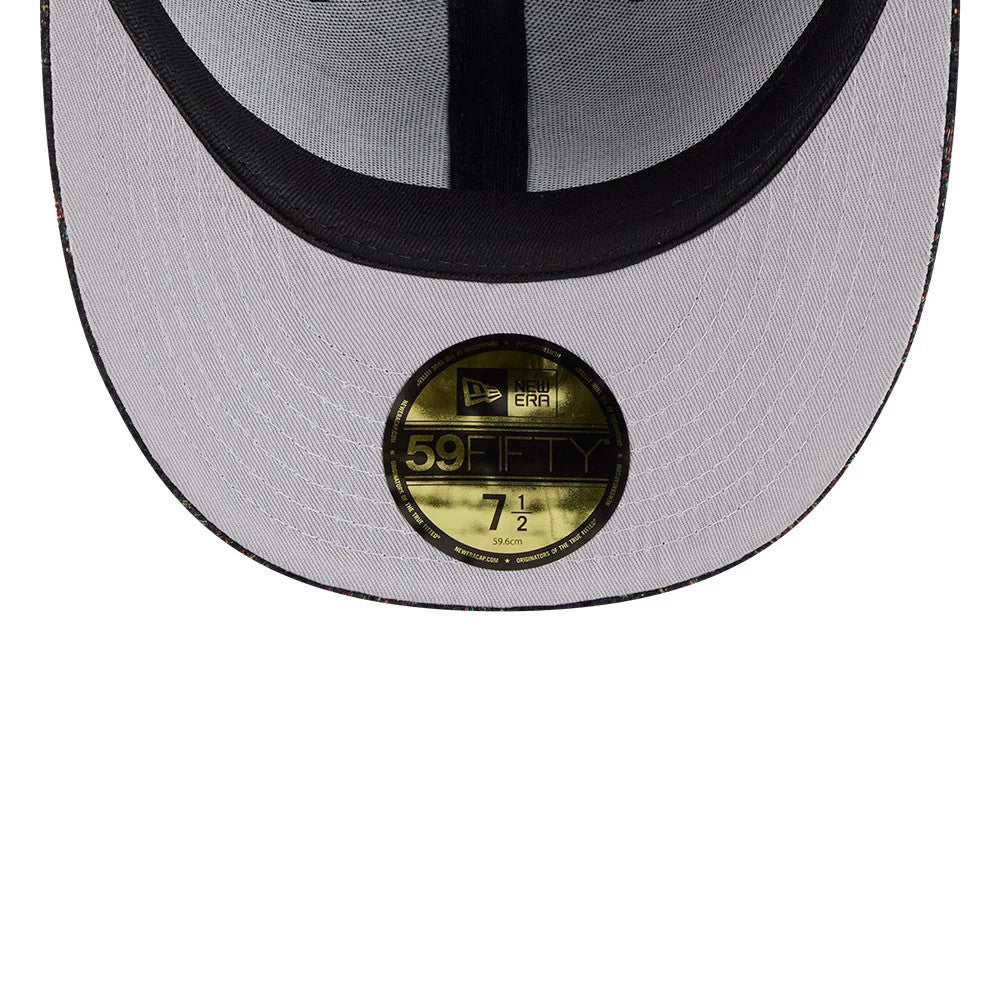Philadelphia 76ers NBA Jacquard Chenille Black New Era 59FIFTY Fitted Cap, inside view showing a grey undervisor with a gold 59FIFTY size sticker, black sweatband lining the edge and contrasting inner taping around the crown.