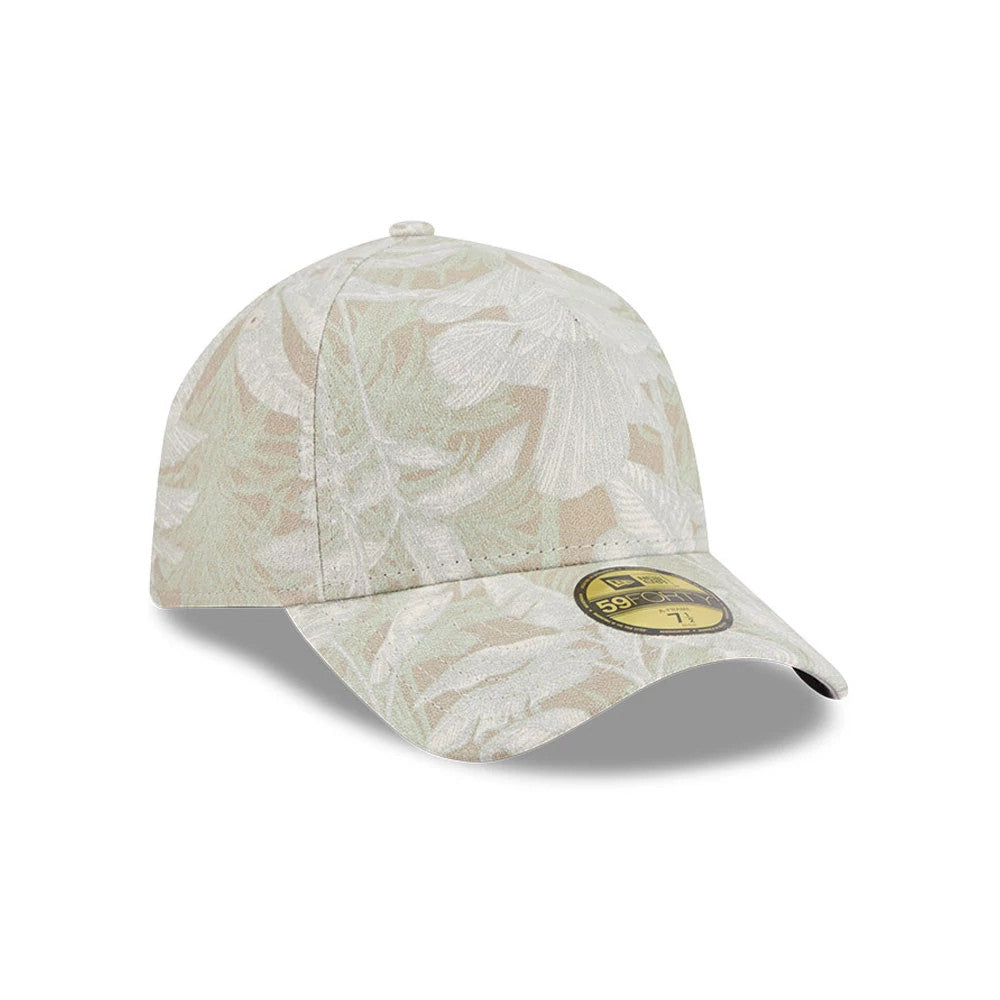 New Era Leafy Palm Light Beige 59FORTY A-Frame Fitted Cap, three-quarter view showing the intricate light beige palm pattern across the structured crown and slightly curved visor, with the gold 59FORTY size sticker placed centrally on the visor.