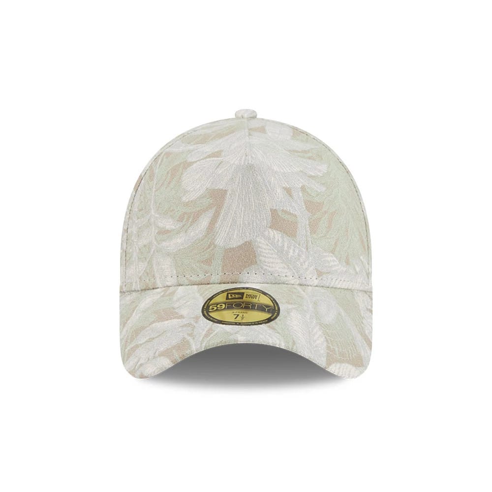 New Era Leafy Palm Light Beige New Era 59FORTY A-Frame Fitted Cap, front view showing a light beige tropical leaf pattern across the structured fabric crown and a gold 59FORTY size sticker on the flat beige visor.
