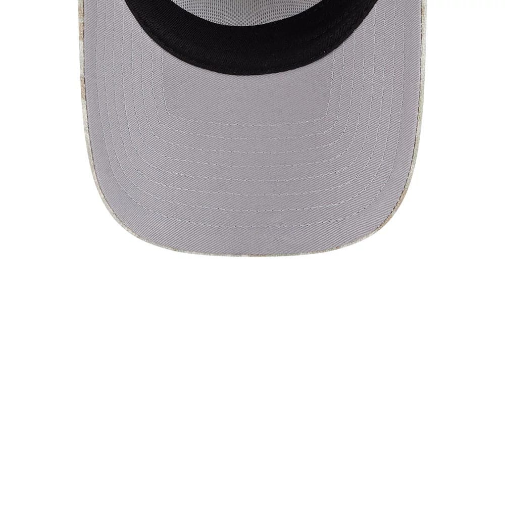 New Era Leafy Palm Light Beige 59FORTY A-Frame Fitted Cap, inside view showing a light grey undervisor with concentric stitching patterns, complemented by a black sweatband lining the interior edge.