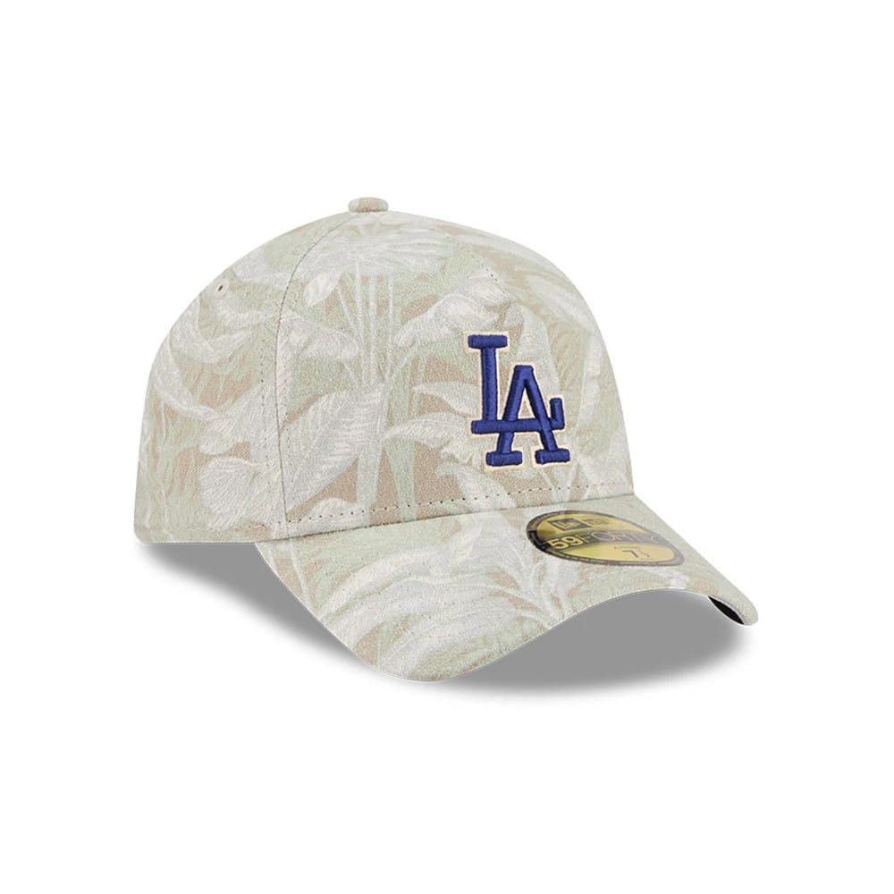 LA Dodgers MLB Leafy Palm Light Beige New Era 59FORTY A-Frame Fitted Cap, three-quarter view showing the large blue LA logo in raised embroidery on the front panel, a palm pattern across the structured crown.