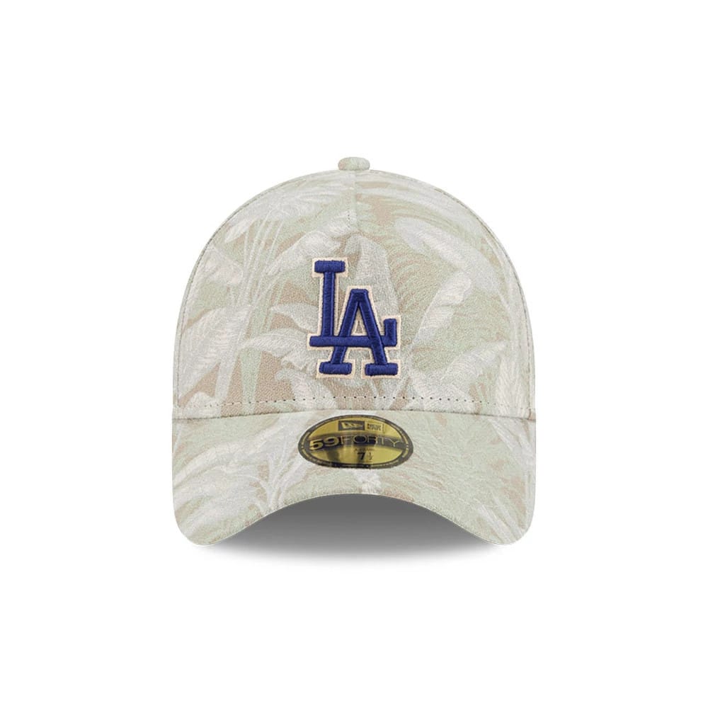Pictured is this MLB Leafy Palm LA Dodgers 59FORTY A-Frame Fitted cap in light beige. 3