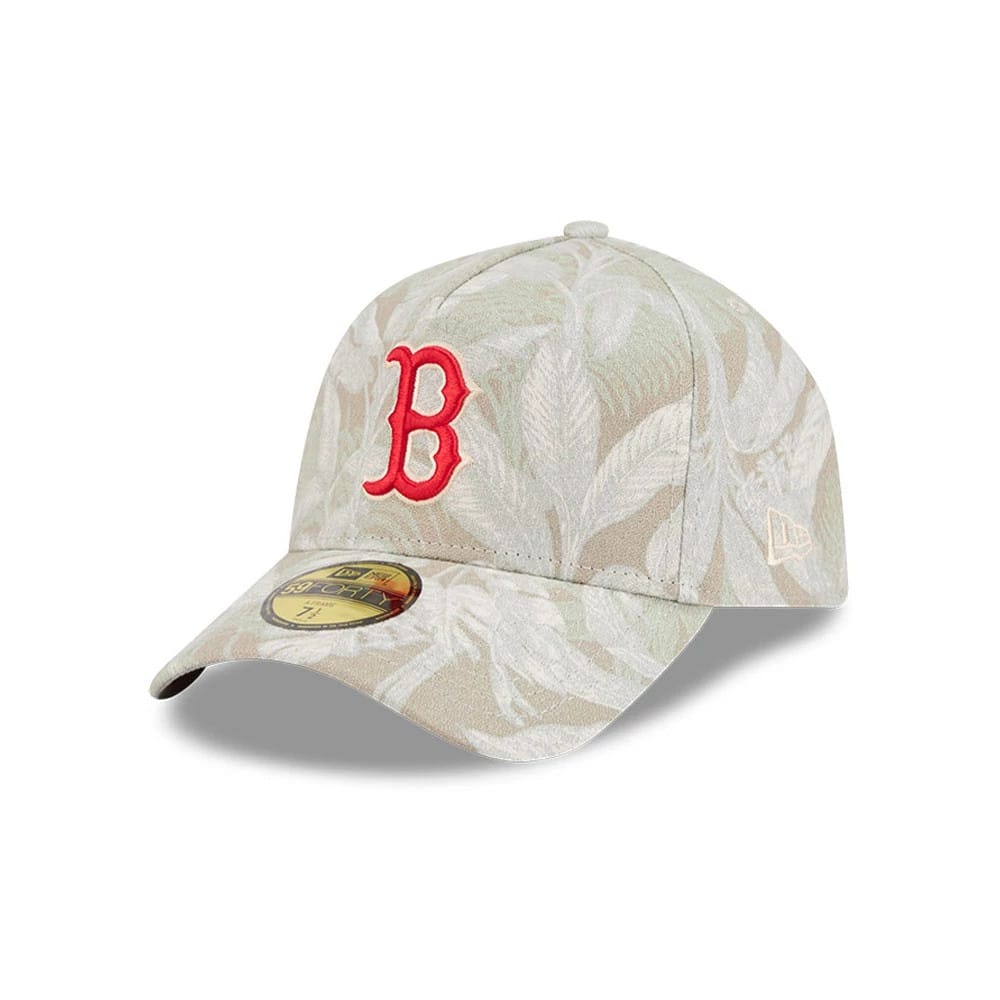 Pictured is this MLB Leafy Palm Boston Red Sox 59FORTY A-Frame Fitted cap in light beige. 1