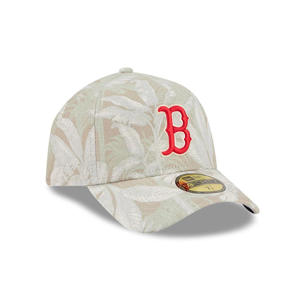 Boston Red Sox MLB Leafy Palm Light Beige New Era 59FORTY A-Frame Fitted Cap, three-quarter view showing the raised red embroidered B logo on the front panel, a light beige palm leaf pattern, and the gold 59FORTY size sticker on the curved visor.