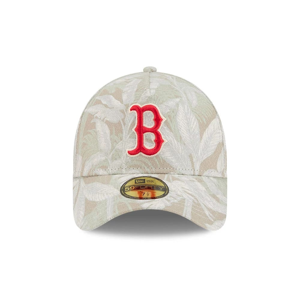 Boston Red Sox MLB Leafy Palm Light Beige New Era 59FORTY A-Frame Fitted Cap, front view showing a raised red B embroidery on the front panel, a leafy palm print covering the crown and visor, and a gold 59FORTY size sticker on the visor.
