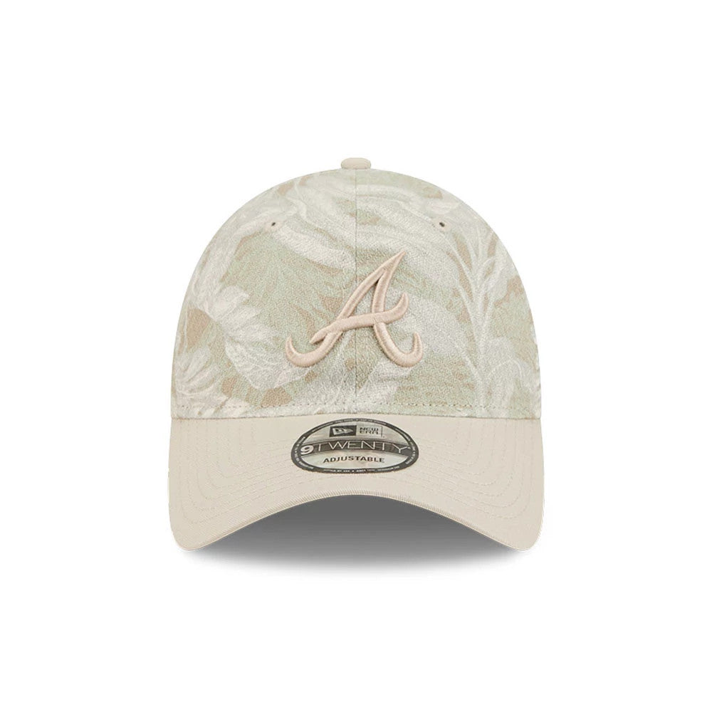 Atlanta Braves MLB Leafy Palm Light Beige New Era 9TWENTY Adjustable Cap, front view showing the raised beige embroidered A logo on a patterned crown, with a light beige visor and the 9TWENTY size sticker on the curved visor.