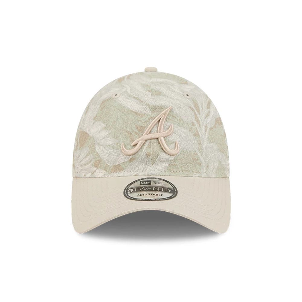 Atlanta Braves MLB Leafy Palm Light Beige New Era 9TWENTY Adjustable Cap, front view showing the raised beige embroidered A logo on a patterned crown, with a light beige visor and the 9TWENTY size sticker on the curved visor.