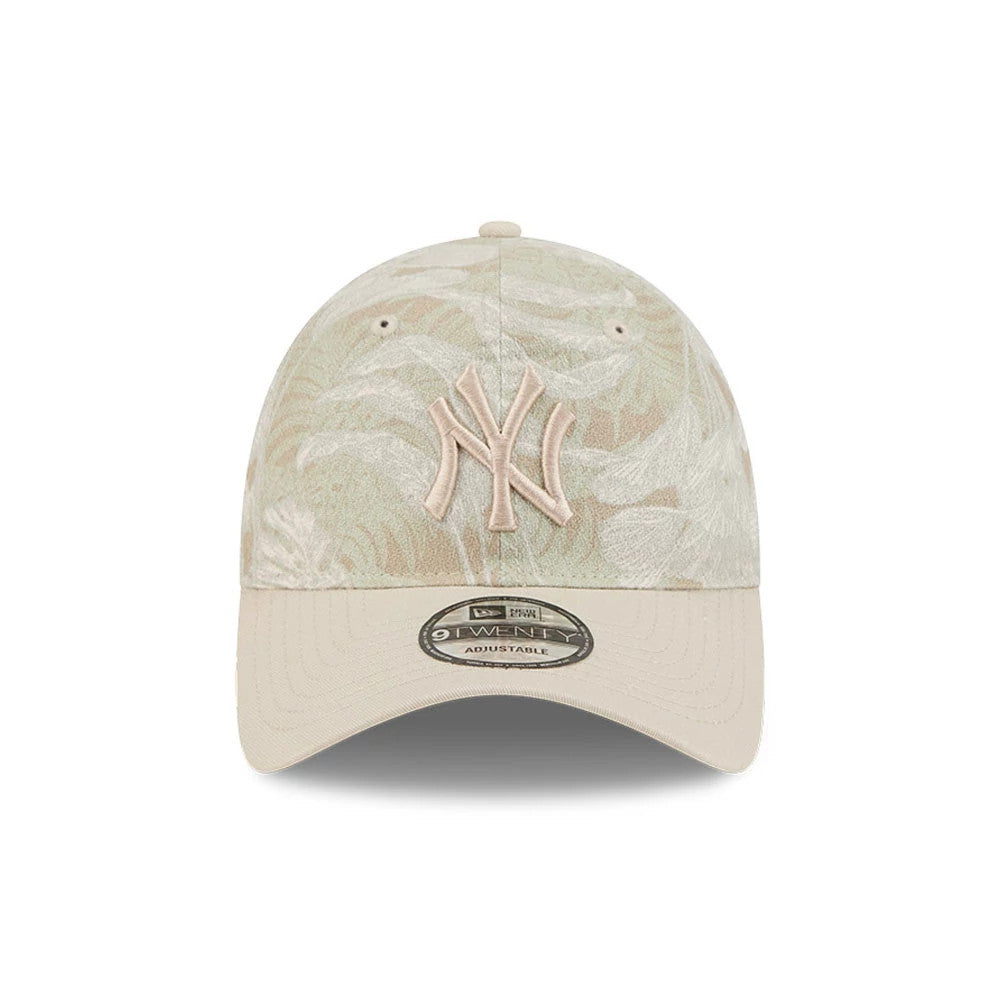 New York Yankees MLB Leafy Palm Light Beige New Era 9TWENTY Adjustable Cap, front view showing the raised light beige NY logo embroidered on the structured crown, palm leaf pattern across the panels.