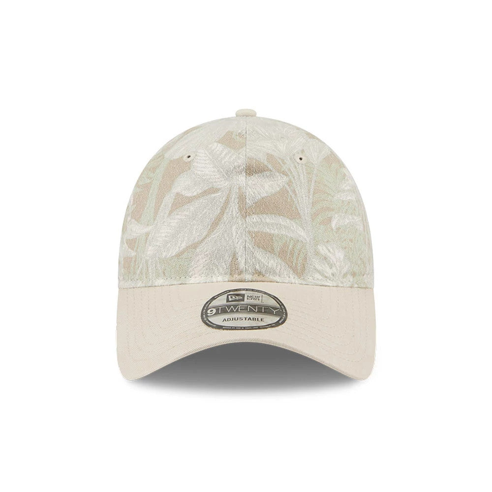 New Era Leafy Palm Light Beige 9TWENTY Adjustable Cap, front view showing a pale palm leaf pattern across the unstructured crown, with a light beige curved visor and a 9TWENTY size sticker in the centre.