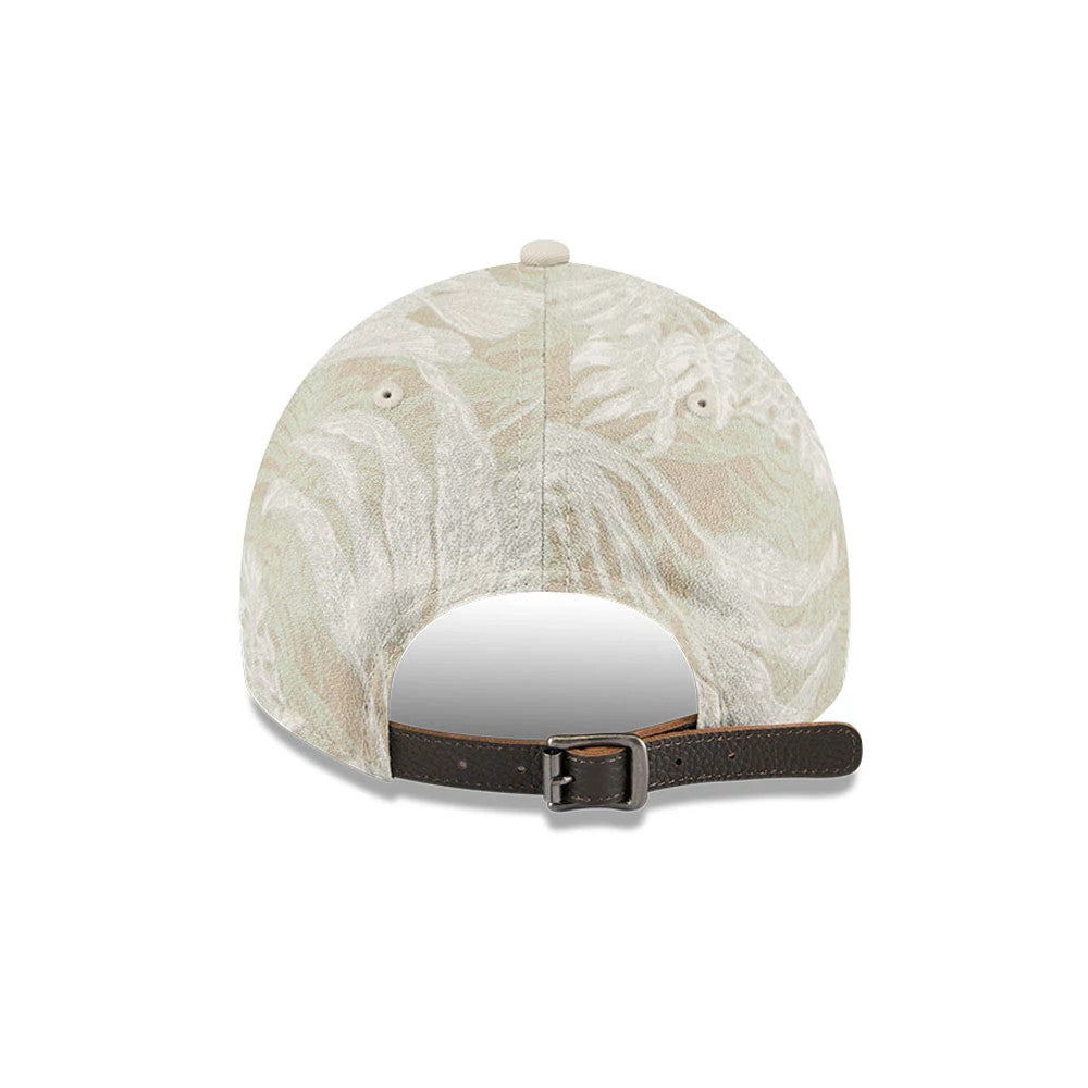 New York Mets MLB Leafy Palm Light Beige New Era 9TWENTY Adjustable Cap, rear view showing the leafy palm pattern across the structured light beige crown, with two white eyelets and a dark brown adjustable strap with a buckle.