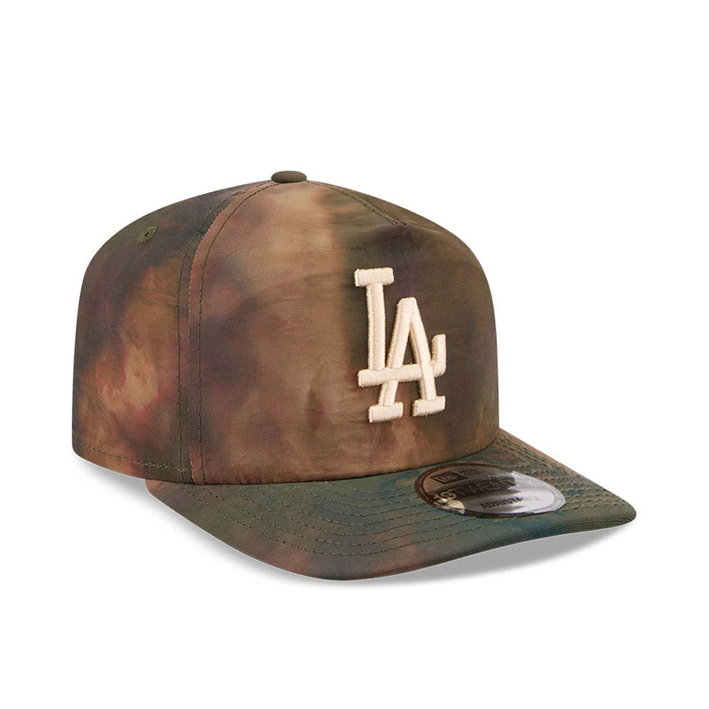 LA Dodgers MLB Nylon Wash Dye Open Green New Era 19TWENTY Adjustable Cap, three-quarter view showing the raised cream LA logo embroidered on the front panel, with a curved green visor and a 19TWENTY size sticker on the top.