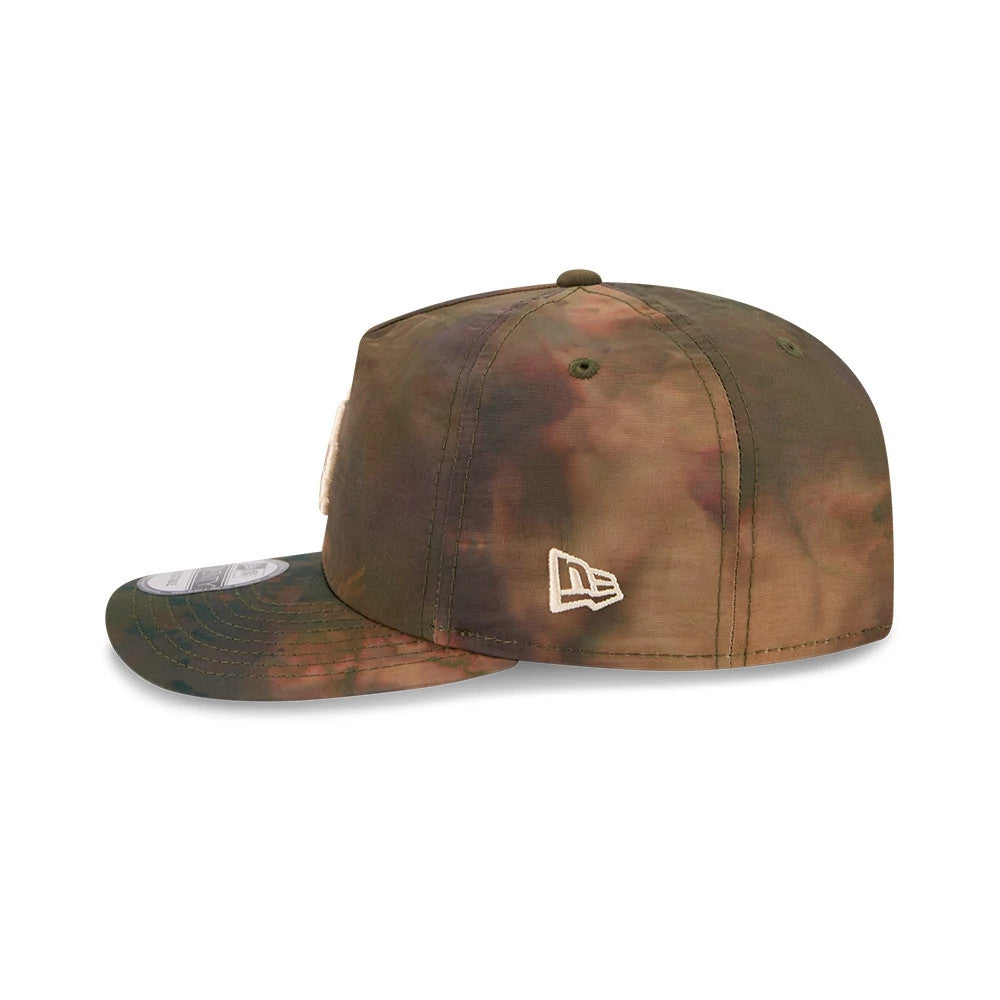 LA Dodgers MLB Nylon Wash Dye Open Green New Era 19TWENTY Adjustable Cap, side view showing the embroidered New Era flag logo on the left, with a slightly curved green visor and stitching along the panels.