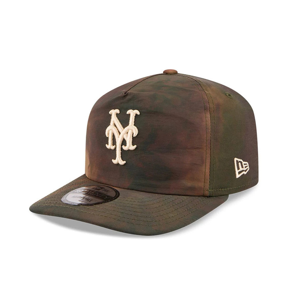 New York Mets MLB Nylon Wash Dye Open Green New Era 19TWENTY Adjustable Cap, front view showing the cream embroidered Mets logo on the front panel, a brown and green wash-dye finish with a matching New Era flag logo on the left side.