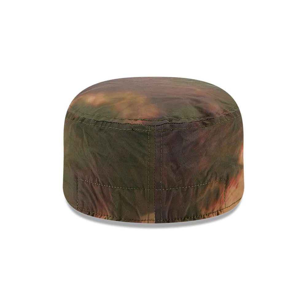 New Era New York Yankees MLB Nylon Wash Dye Open Green Painter Cap, rear view showing a seamless round crown with tie-dye effect in shades of green and brown, featuring exposed stitching on the panels and a soft, unstructured fit.