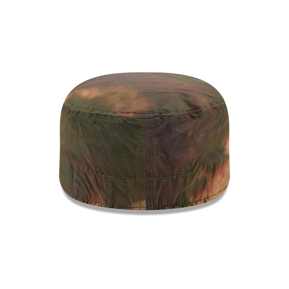 New Era New York Yankees MLB Nylon Wash Dye Open Green Painter Cap, rear view showing a seamless round crown with tie-dye effect in shades of green and brown, featuring exposed stitching on the panels and a soft, unstructured fit.