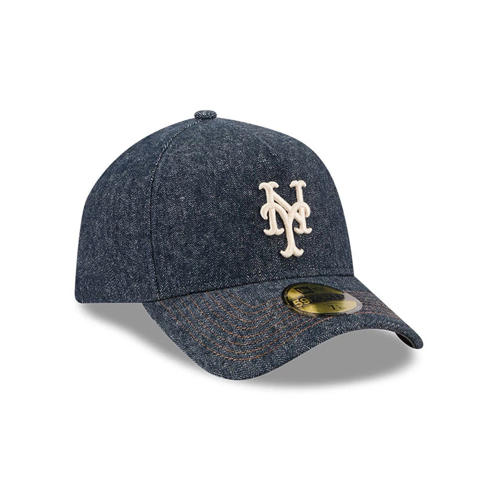 Mets MLB Herringbone Denim Navy New Era 59FORTY A-Frame Fitted Cap, three-quarter view showing a raised white embroidered Mets logo on the navy herringbone crown, a curved denim visor with gold 59FORTY size sticker, and matching navy top button.