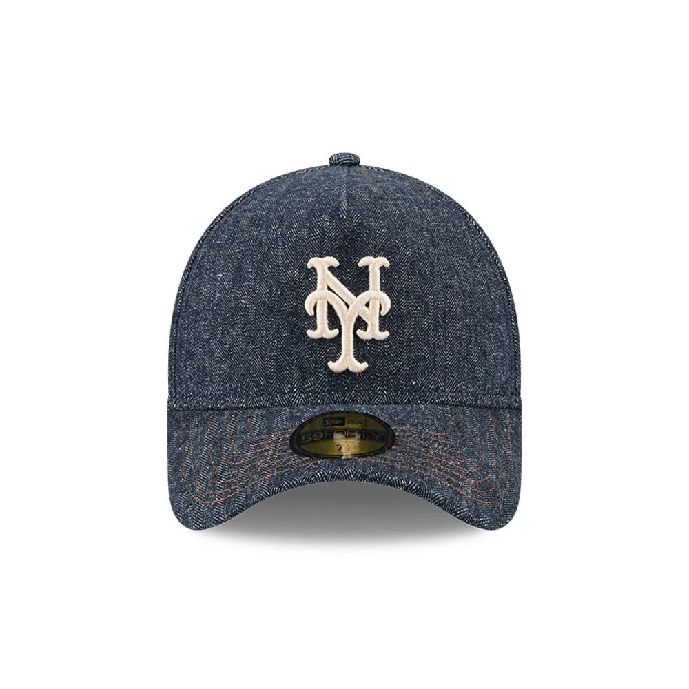 Mets MLB Herringbone Denim Navy New Era 59FORTY A-Frame Fitted Cap, front view showing the cream embroidered Mets logo on the structured denim herringbone crown, dark navy visor with stitching, and gold 59FORTY size sticker underneath.