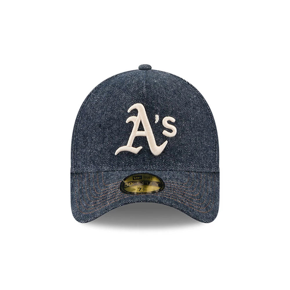 Athletics MLB Herringbone Denim Navy New Era 59FORTY A-Frame Fitted Cap, front view showing the cream embroidered A's logo on the structured denim crown, with a visibly contoured visor and a black 59FORTY size sticker on the visor.