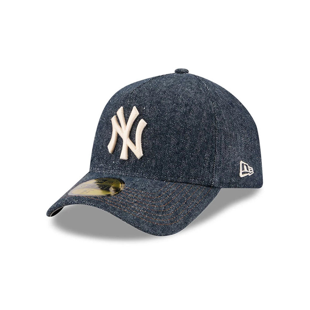 Pictured is this MLB Quickstrike Herringbone Denim New York Yankees 59FORTY A-Frame Fitted cap in navy. 1