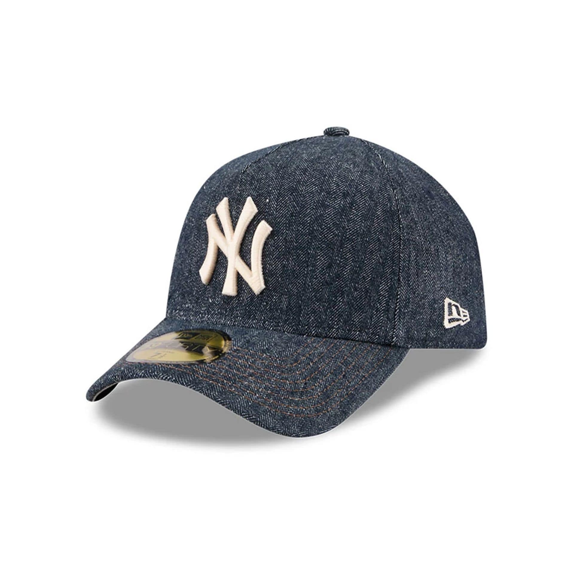 Pictured is this MLB Quickstrike Herringbone Denim New York Yankees 59FORTY A-Frame Fitted cap in navy. 1