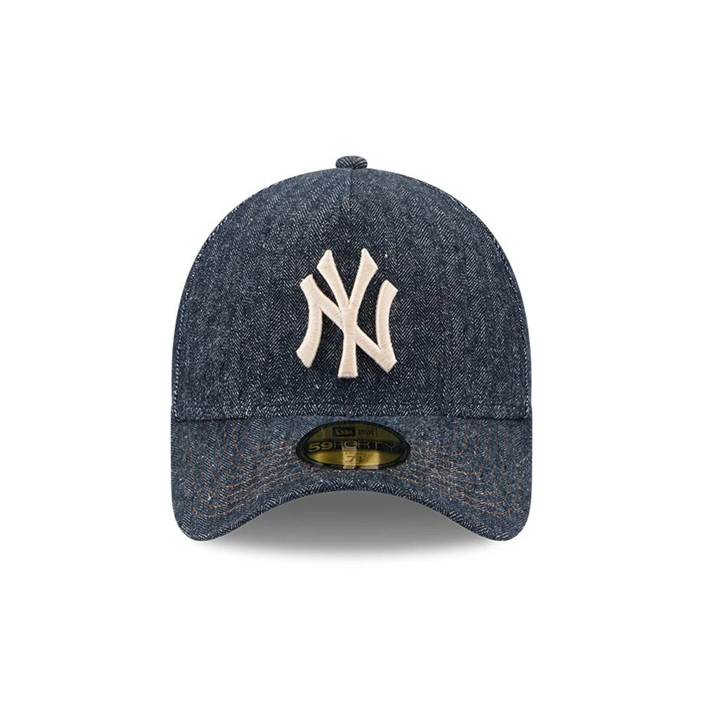 Yankees MLB Herringbone Denim Navy New Era 59FORTY A-Frame Fitted Cap, front view showing a raised white embroidered NY logo on the front panel, with a curved denim visor and a 59FORTY size sticker on the visor.