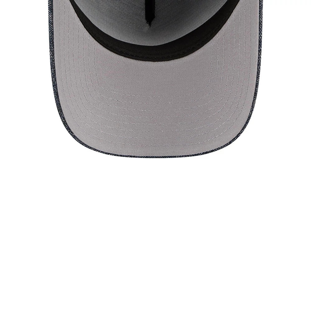 Dodgers MLB Herringbone Denim Navy New Era 59FORTY A-Frame Fitted Cap, inside view showing a grey undervisor, a black sweatband lining the interior, and black taping running along the seams for a neat, structured finish.