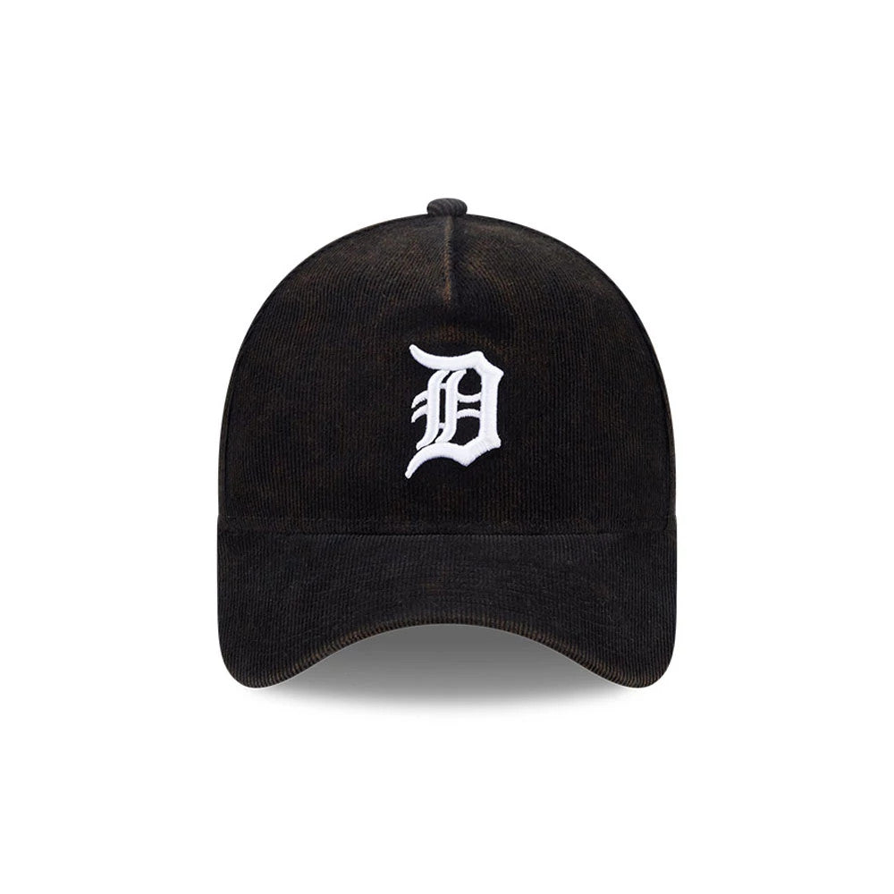 Tigers MLB Snow Wash Cord Black New Era 59FORTY A-Frame Fitted Cap, front view showing the white embroidered D logo centred on the structured black cord crown, with a curved black visor and top button.