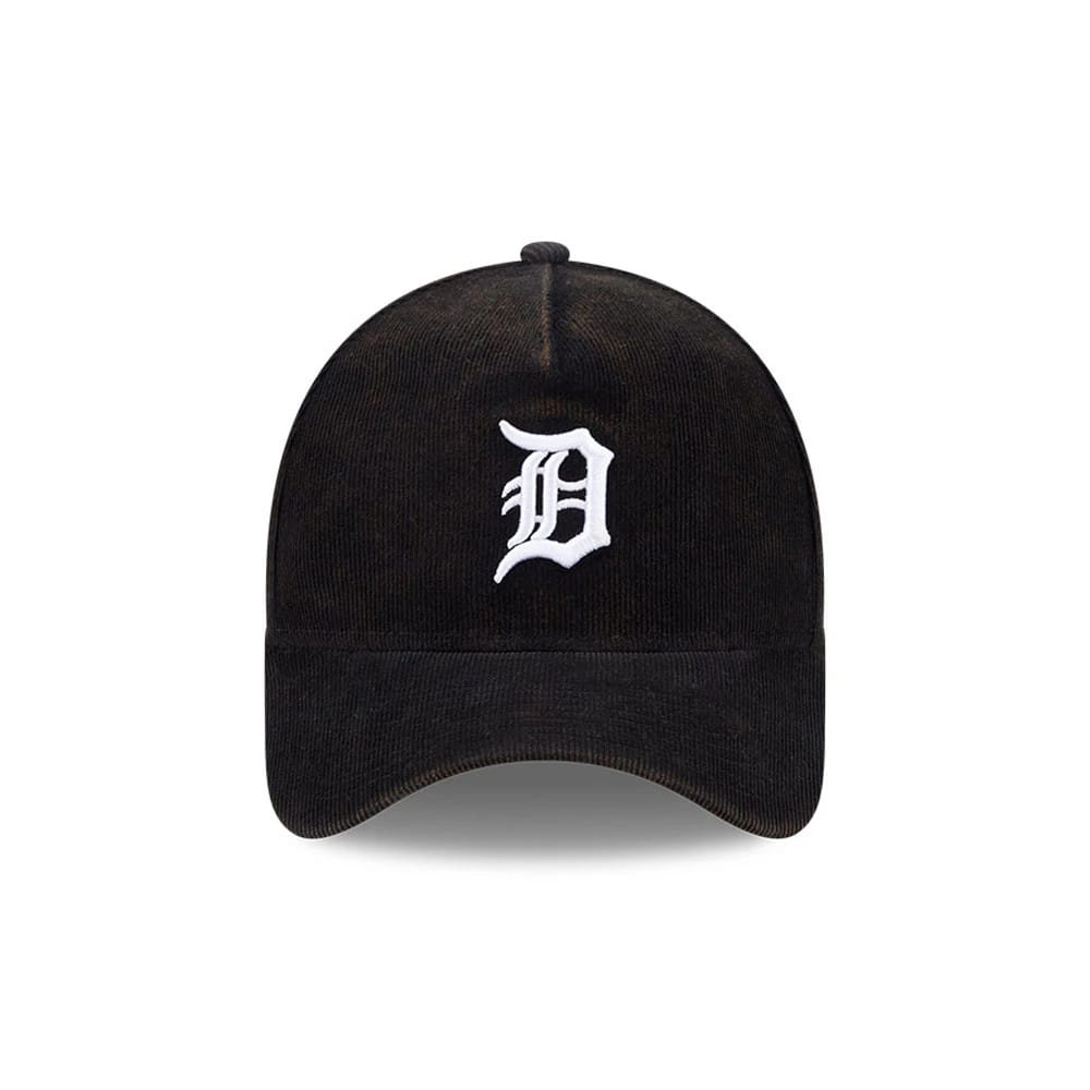 Tigers MLB Snow Wash Cord Black New Era 59FORTY A-Frame Fitted Cap, front view showing the white embroidered D logo centred on the structured black cord crown, with a curved black visor and top button.