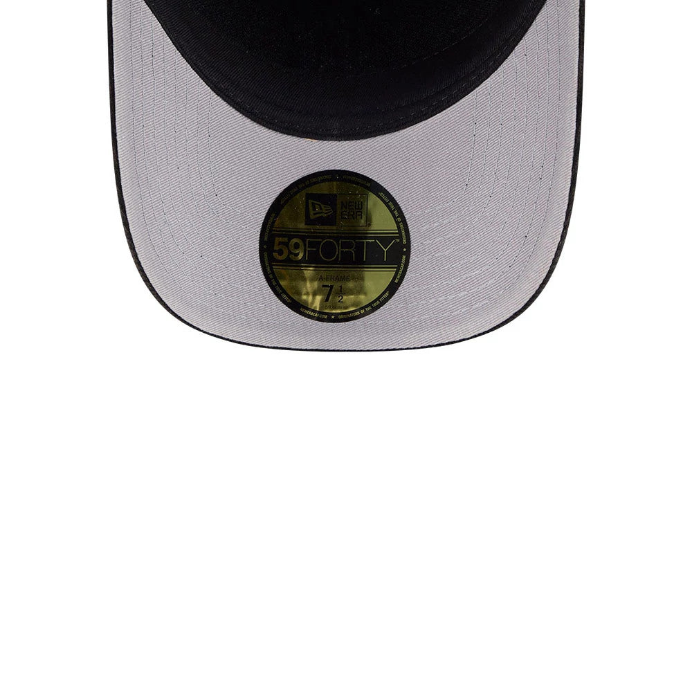 Tigers MLB Snow Wash Cord Black New Era 59FORTY A-Frame Fitted Cap, inside view showing the light grey undervisor contrasting with the black visor, featuring a gold 59FORTY size sticker centred near the lower visor edge.