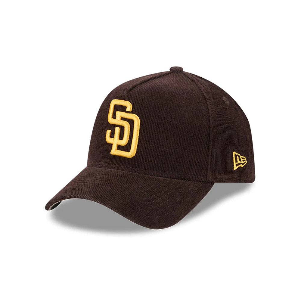 Pictured is this MLB Quickstrike Snow Wash Cord San Diego Padres 59FORTY A-Frame Fitted cap in dark brown. 1