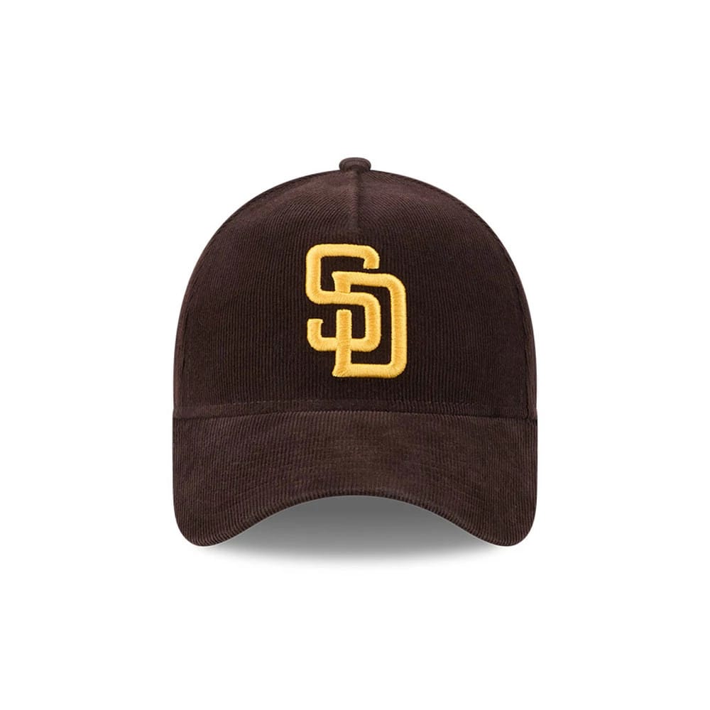 Padres MLB Snow Wash Cord Dark Brown New Era 59FORTY A-Frame Fitted Cap, front view showing the raised gold SD logo embroidered on the dark brown corduroy fabric with a curved visor and a distinct top button.