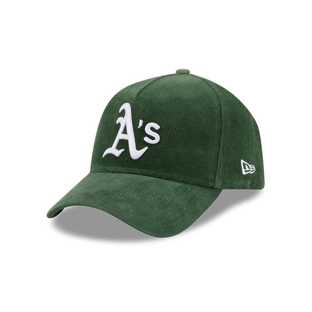 Pictured is this MLB Quickstrike Snow Wash Cord Athletics 59FORTY A-Frame Fitted cap in dark green. 1