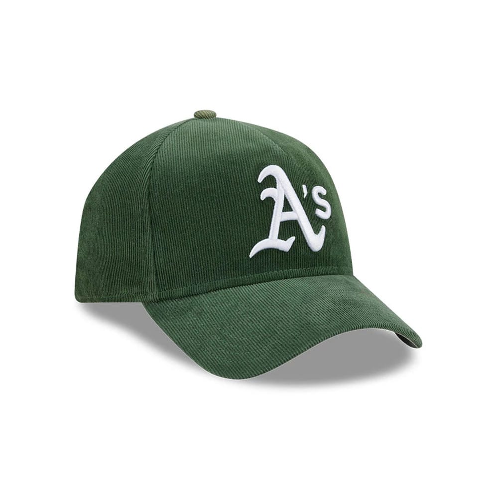 Athletics MLB Snow Wash Cord Dark Green New Era 59FORTY A-Frame Fitted Cap, front view showing a raised white embroidered A's logo on the structured corduroy crown, complete with a matching curved dark green visor.