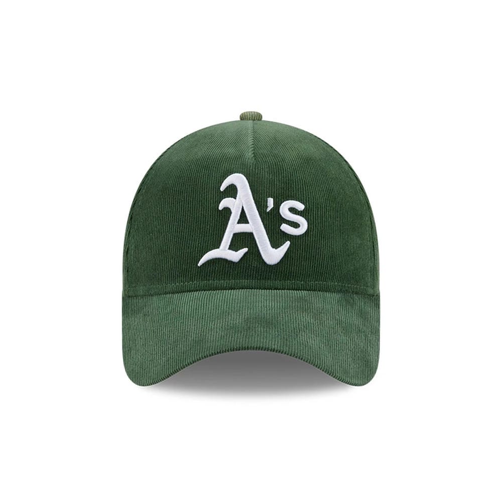 Pictured is this MLB Quickstrike Snow Wash Cord Athletics 59FORTY A-Frame Fitted cap in dark green. 3
