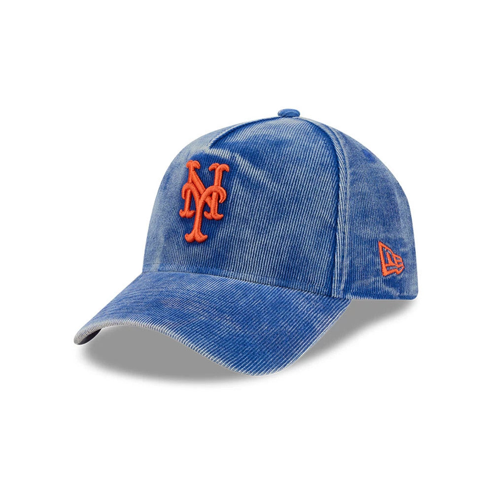 Mets MLB Snow Wash Cord Blue New Era 59FORTY A-Frame Fitted Cap, three-quarter view showing the raised orange Mets logo on the front panel, a curved visor, and the orange New Era flag logo on the left side.