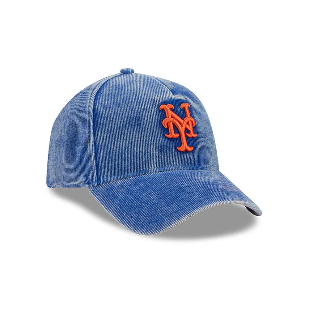 Mets MLB Snow Wash Cord Blue New Era 59FORTY A-Frame Fitted Cap, three-quarter view showing the raised orange Mets logo embroidered on the blue corduroy crown, with a curved visor and matching blue top button.