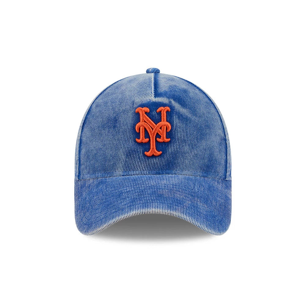 Mets MLB Snow Wash Cord Blue New Era 59FORTY A-Frame Fitted Cap, front view showing the orange embroidered Mets logo on the structured blue corduroy crown, with a matching pre-curved visor completing the classic look.