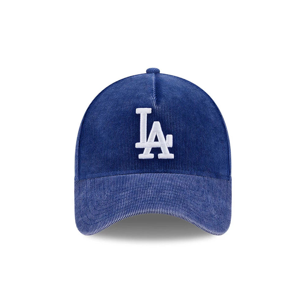 Dodgers MLB Snow Wash Cord Dark Blue New Era 59FORTY A-Frame Fitted Cap, front view showing the white embroidered LA logo on the structured corduroy crown, with a matching dark blue pre-curved visor and top button.