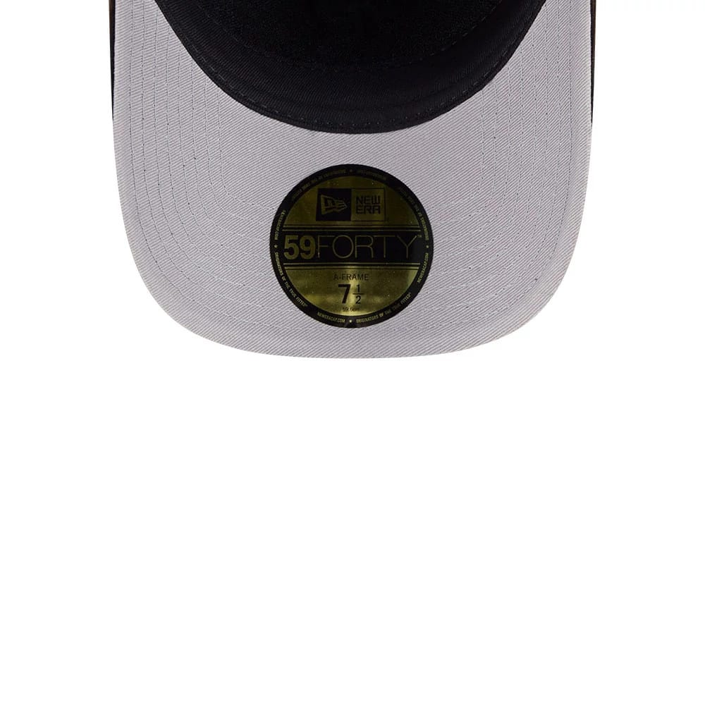 White Sox MLB Snow Wash Cord Black New Era 59FORTY A-Frame Fitted Cap, front view showing the grey curved visor with a prominent gold 59FORTY size sticker and a black undervisor inside the slightly arched visor.