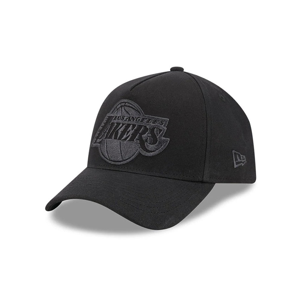 Lakers NBA Waxy Canvas Black New Era 59FORTY A-Frame Fitted Cap, three-quarter view showing the black embroidered Lakers logo centred on the front panel, with a pre-curved visor and black New Era flag logo on the left side.