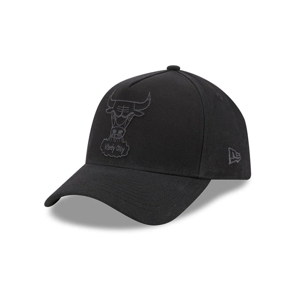 Bulls NBA Waxy Canvas Black New Era 59FORTY A-Frame Fitted Cap, three-quarter view showing a black embroidered Bulls logo on the front panel, curved visor, and a New Era flag logo on the left side of the structured black crown.