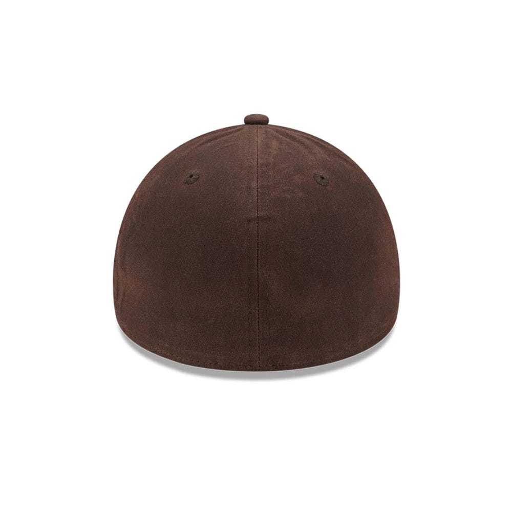 Maple Leafs NHL Waxy Canvas Open Brown New Era 59FORTY A-Frame Fitted Cap, rear view showing the brown structured crown with vented eyelets and a matching top button, highlighting the texture of the waxy canvas material.