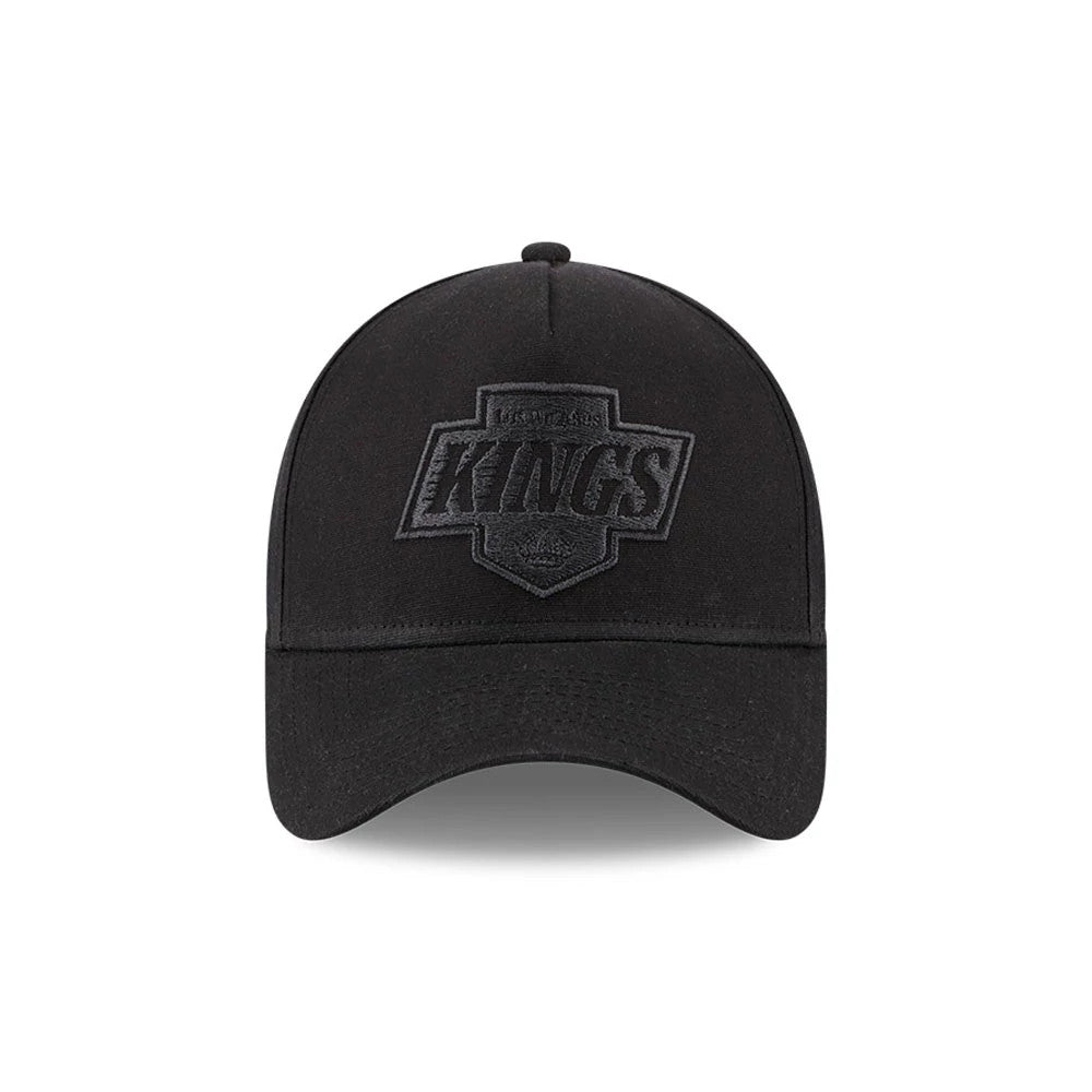 Kings NHL Waxy Canvas Black New Era 59FORTY A-Frame Fitted Cap, front view showing a black raised embroidered Kings logo on the front panel, with a matching black curved visor and top button, crafted from waxy canvas material.