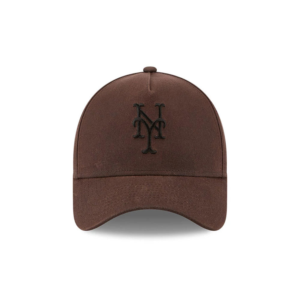 Mets MLB Waxy Canvas Open Brown New Era 59FORTY A-Frame Fitted Cap, front view showing a black embroidered Mets logo on the structured brown crown, paired with a curved brown visor and a matching top button.